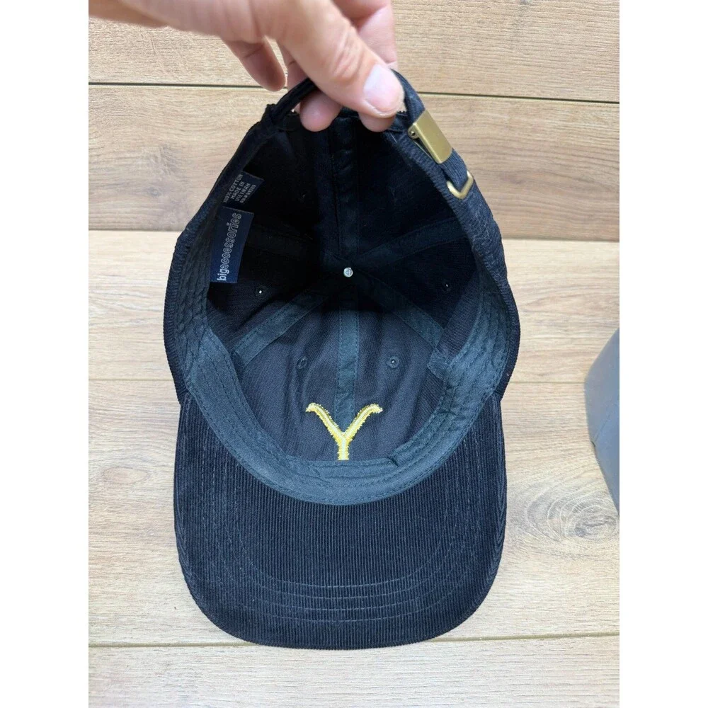 Yellowstone Dutton Ranch Black Corduroy Strapback Hat w/ Yellow Embroidered Logo